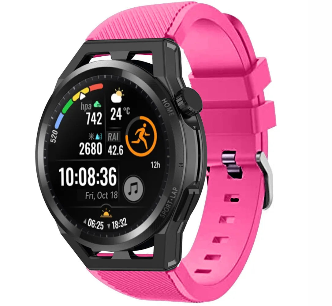 Twill Silicone Strap, bright pink, on a watch, 3/4 front view