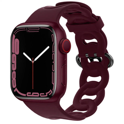 Silicone Chain Strap, wine red, on a watch, 3/4 front view