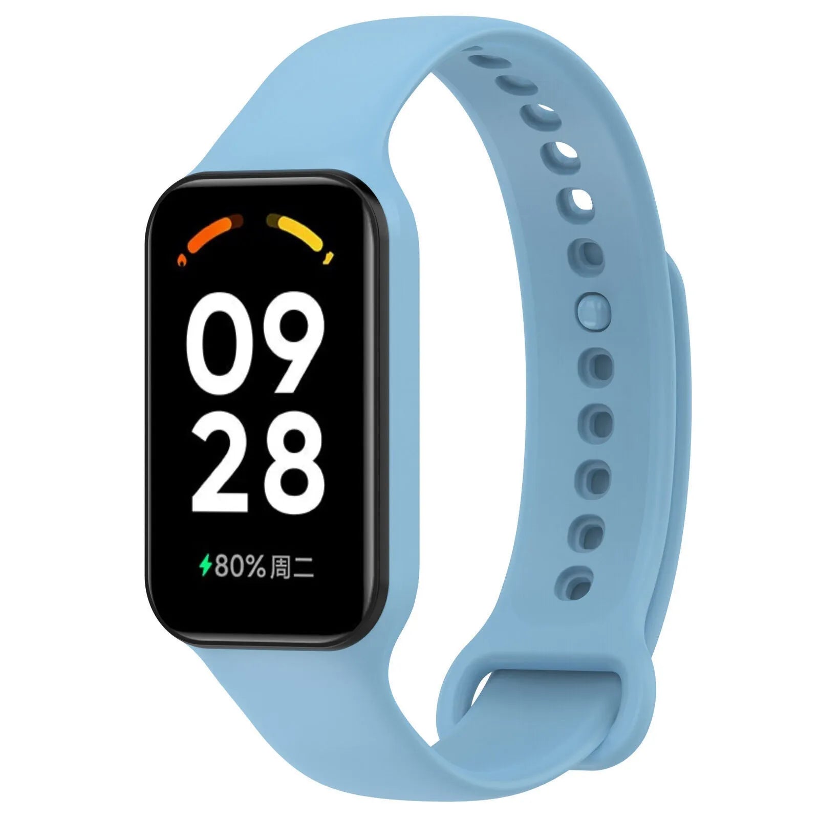 Silicone Strap, light blue, on a watch, 3/4 front view