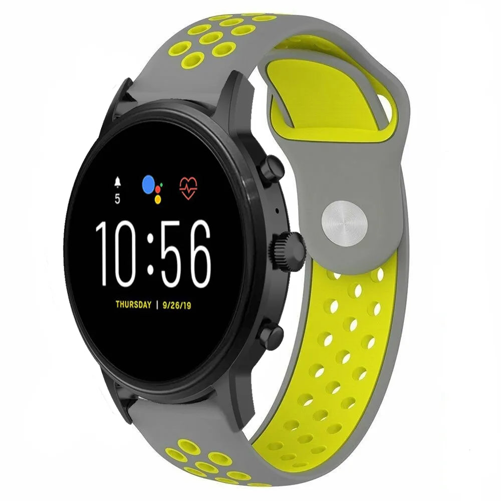 Silicone Sport Strap, grey/yellow, on a watch, 3/4 front view