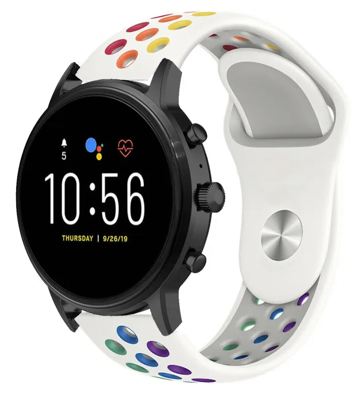 Silicone Sport Strap, white/colourful, on a watch, 3/4 front view