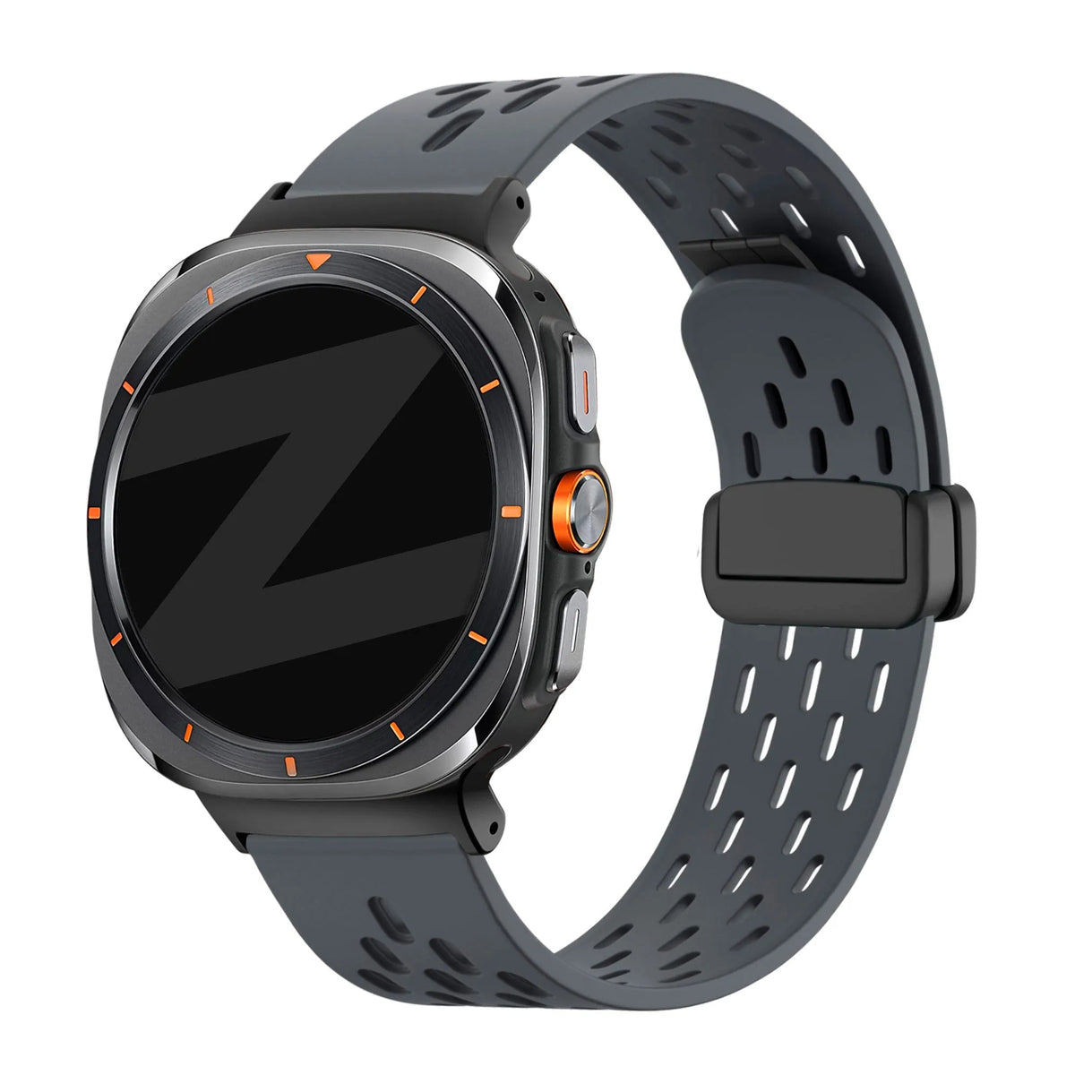 Silicone D-Buckle Sport Strap 'Air', dark grey, on a watch, 3/4 front view