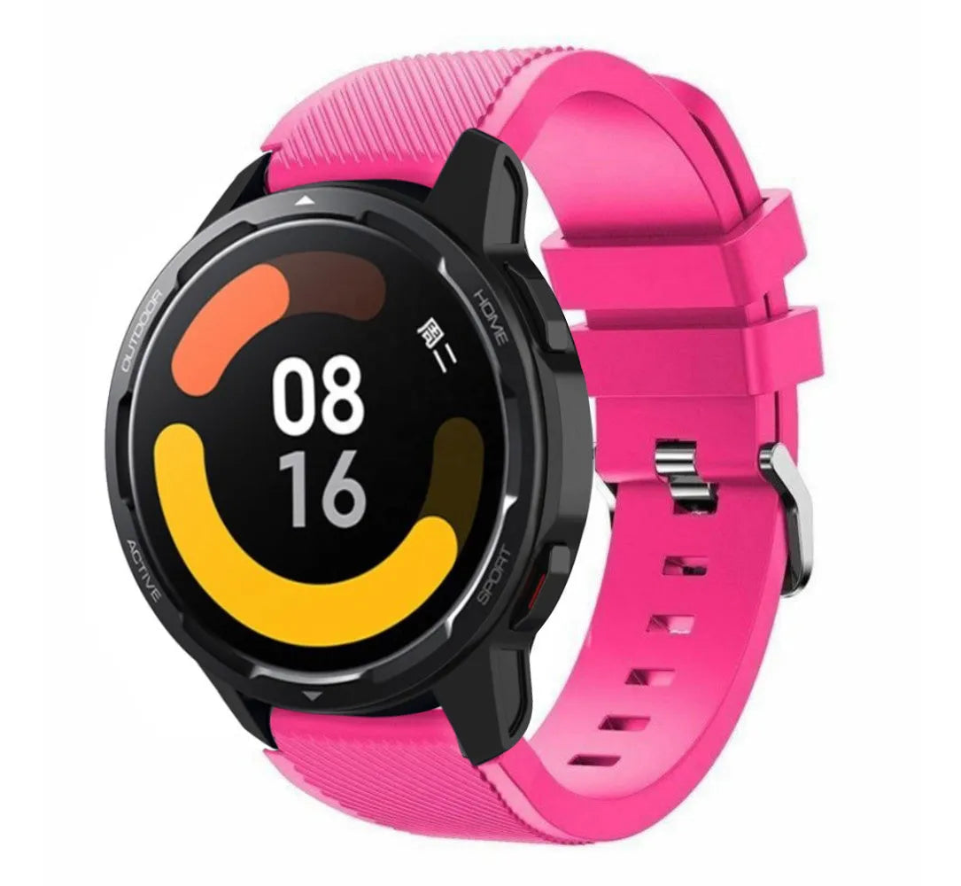 Twill Silicone Strap, bright pink, on a watch, 3/4 front view