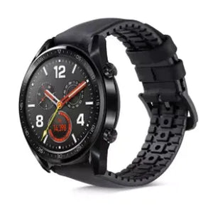 Leather Hybrid Strap, black, on a watch, 3/4 front view