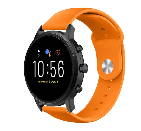 Silicone Sport Strap, orange, on a watch, 3/4 front view