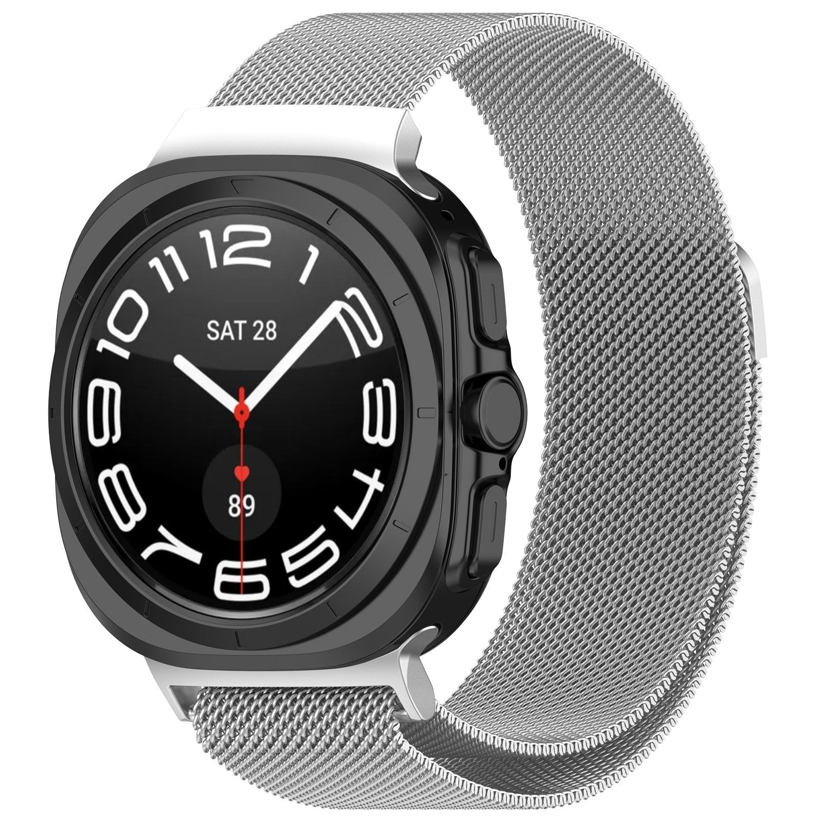 Milanese Strap, silver, on a watch, 3/4 front view