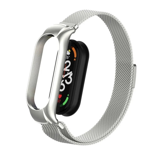 Milanese Strap, silver, on a watch, 3/4 front view