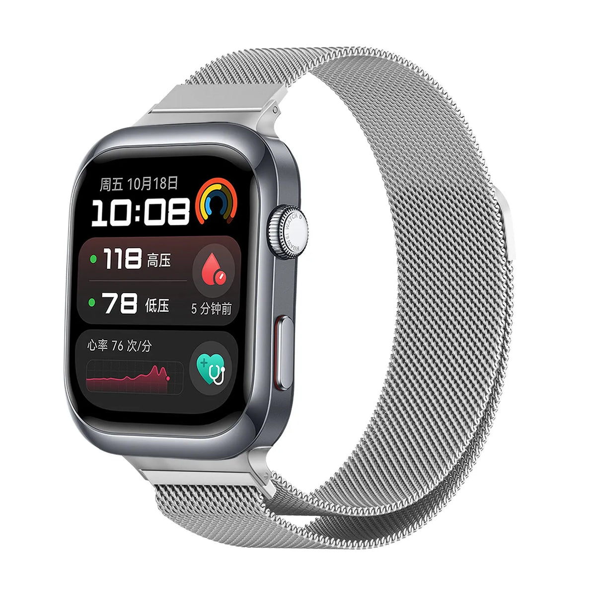 Milanese Strap, silver, on a watch, 3/4 front view