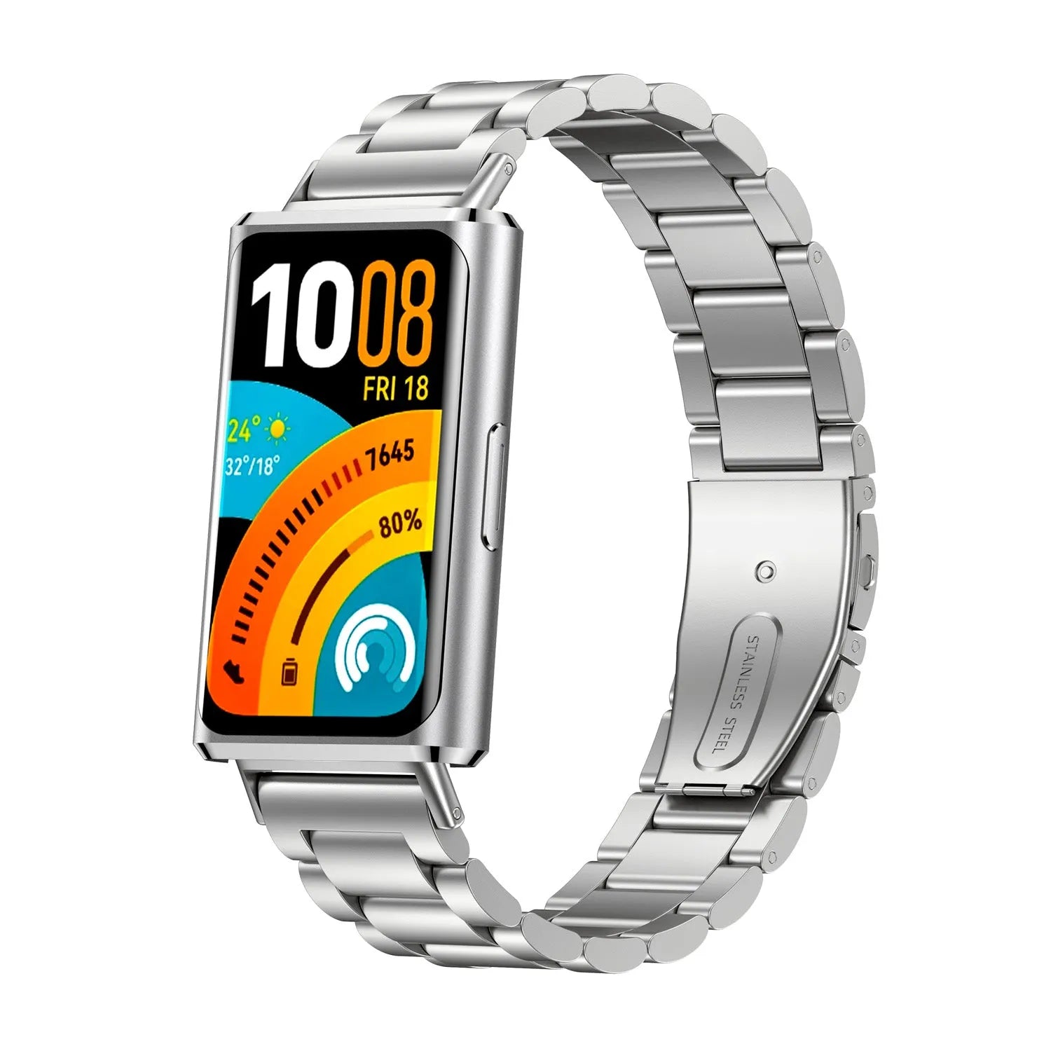 Steel Strap, silver, on a watch, 3/4 front view