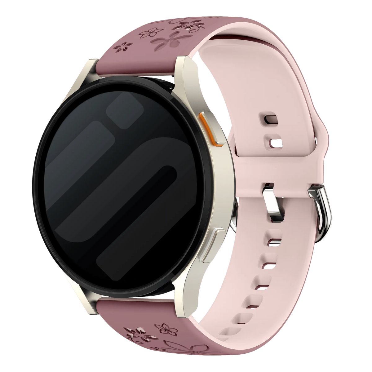 Flower Silicone Strap, smoke purple/light pink, on a watch, 3/4 front view