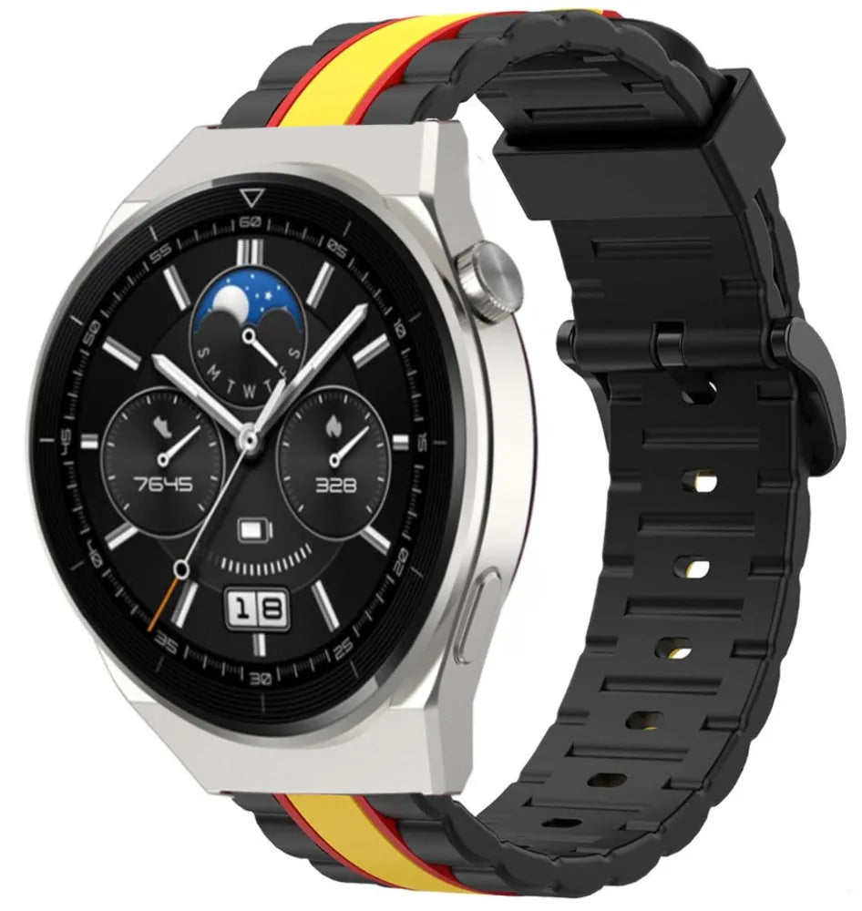 Silicone Special Edition Strap, black/yellow, on a watch, 3/4 front view