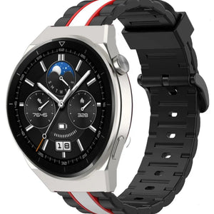 Silicone Special Edition Strap, black/white, on a watch, 3/4 front view
