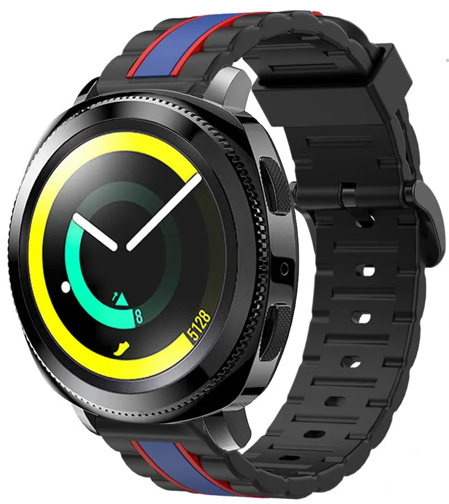 Silicone Special Edition Strap, black/blue, on a watch, 3/4 front view