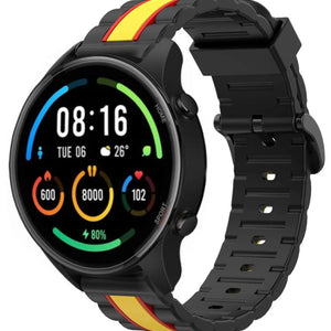 Silicone Special Edition Strap, black/yellow, on a watch, 3/4 front view