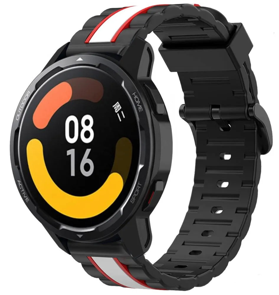 Silicone Special Edition Strap, black/white, on a watch, 3/4 front view