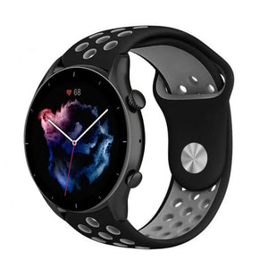 Silicone Sport Strap, black/grey, on a watch, 3/4 front view