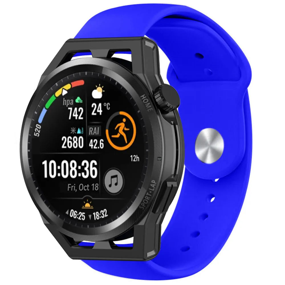 Silicone Sport Strap, blue, on a watch, 3/4 front view