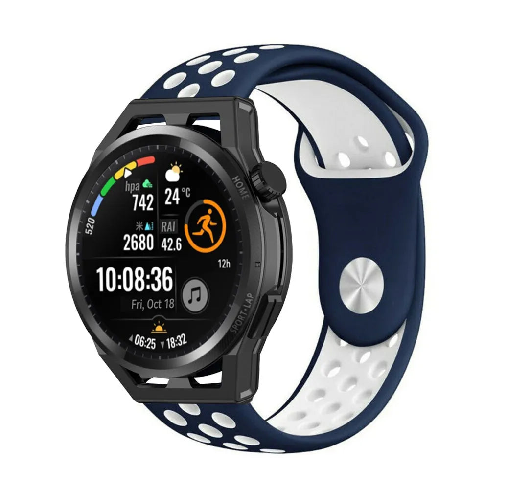 Silicone Sport Strap, blue/white, on a watch, 3/4 front view