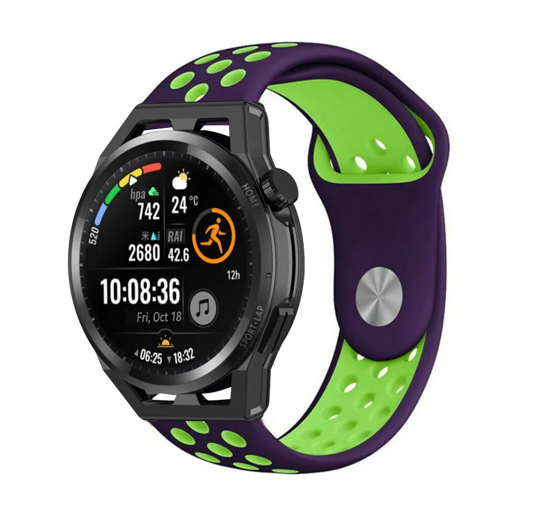 Silicone Sport Strap, purple/green, on a watch, 3/4 front view