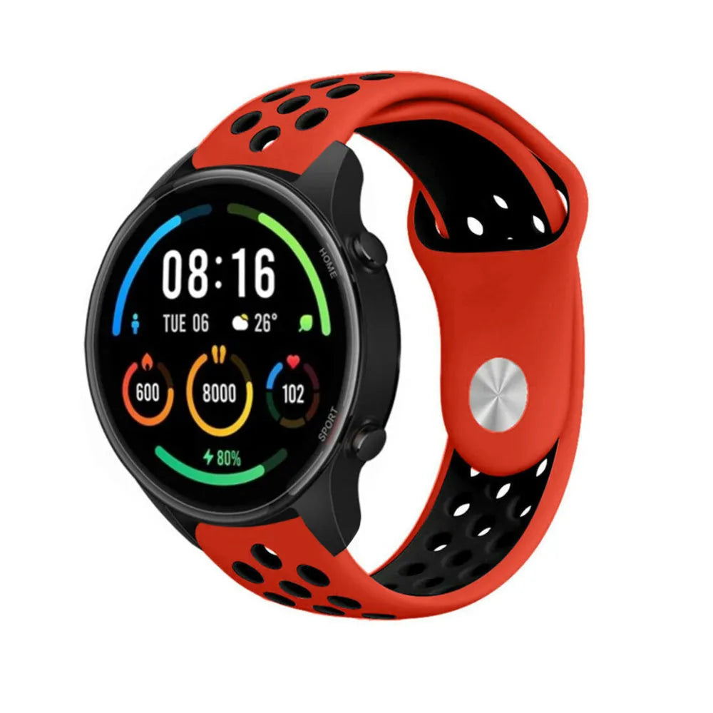 Silicone Sport Strap, red/black, on a watch, 3/4 front view