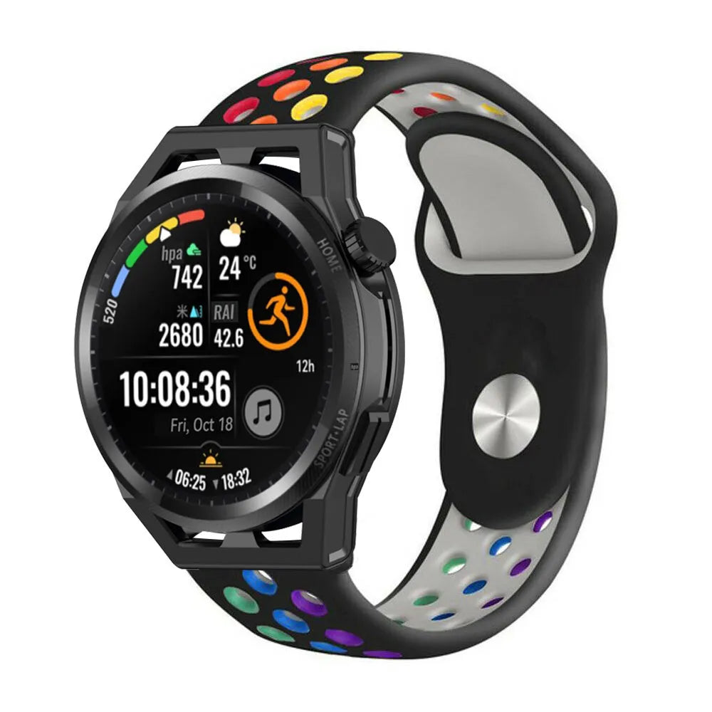 Silicone Sport Strap, black/colourful, on a watch, 3/4 front view
