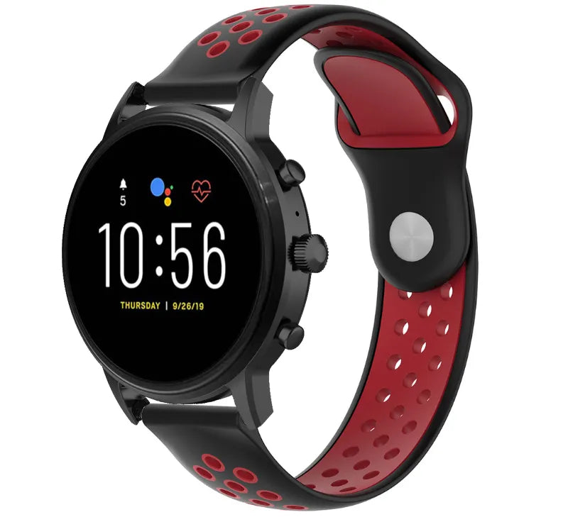 Silicone Sport Strap, black/red, on a watch, 3/4 front view