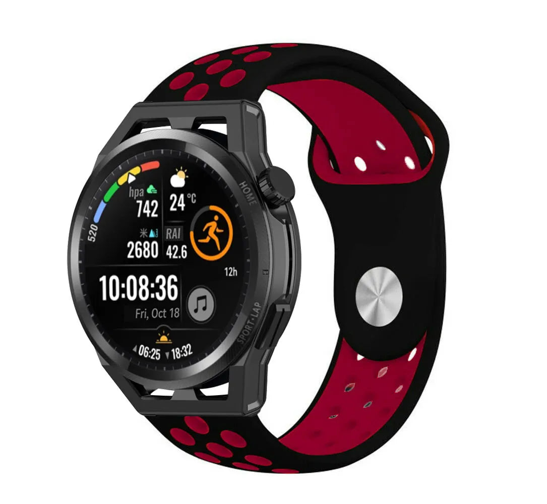 Silicone Sport Strap, black/red, on a watch, 3/4 front view