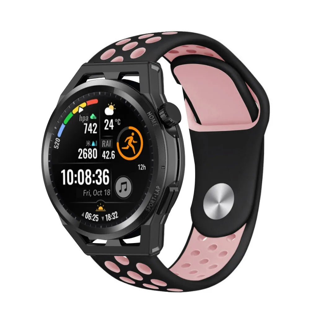 Silicone Sport Strap, black/pink, on a watch, 3/4 front view