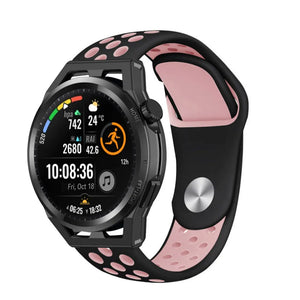 Silicone Sport Strap, black/pink, on a watch, 3/4 front view