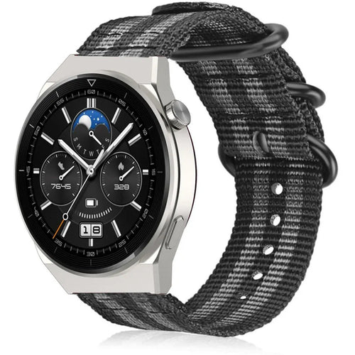 Nylon Buckle Strap, black/grey, on a watch, 3/4 front view