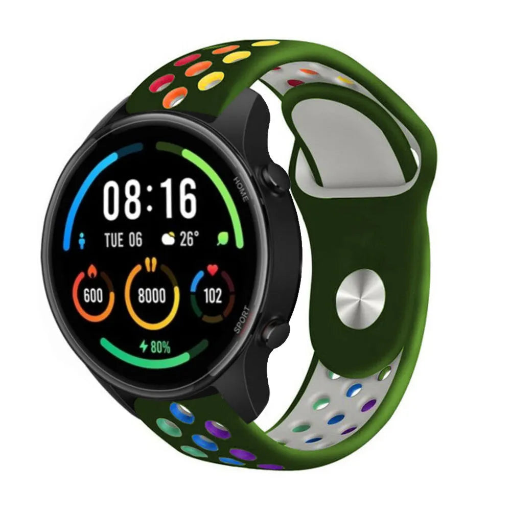 Silicone Sport Strap, army green/colourful, on a watch, 3/4 front view