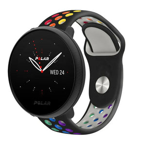Silicone Sport Strap, black/colourful, on a watch, 3/4 front view