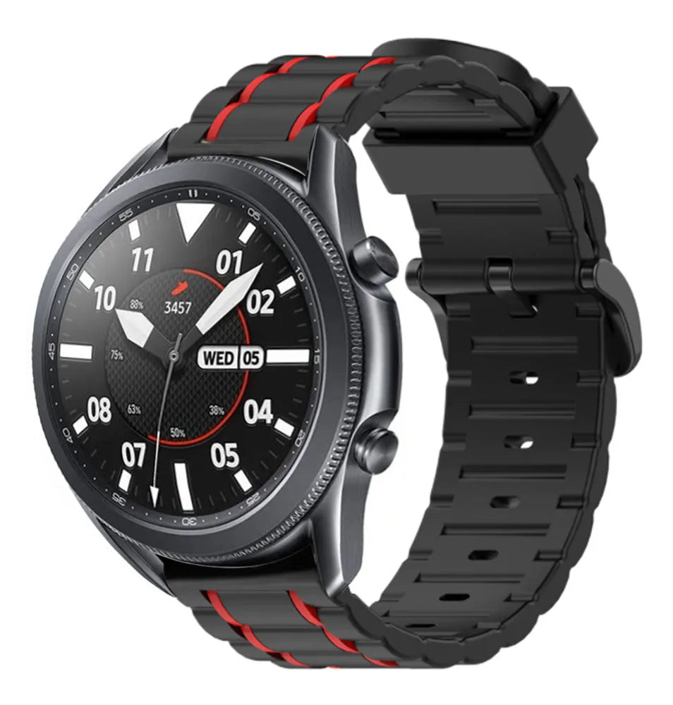 Silicone Sport Strap with Buckle, black/red, on a watch, 3/4 front view