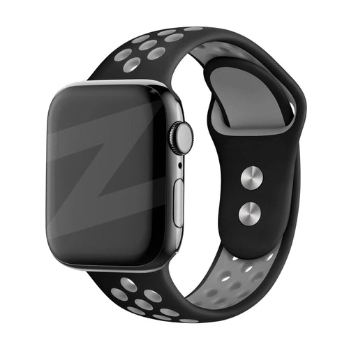 Silicone Dual Snap Sport Strap, black/grey, on a watch, 3/4 front view