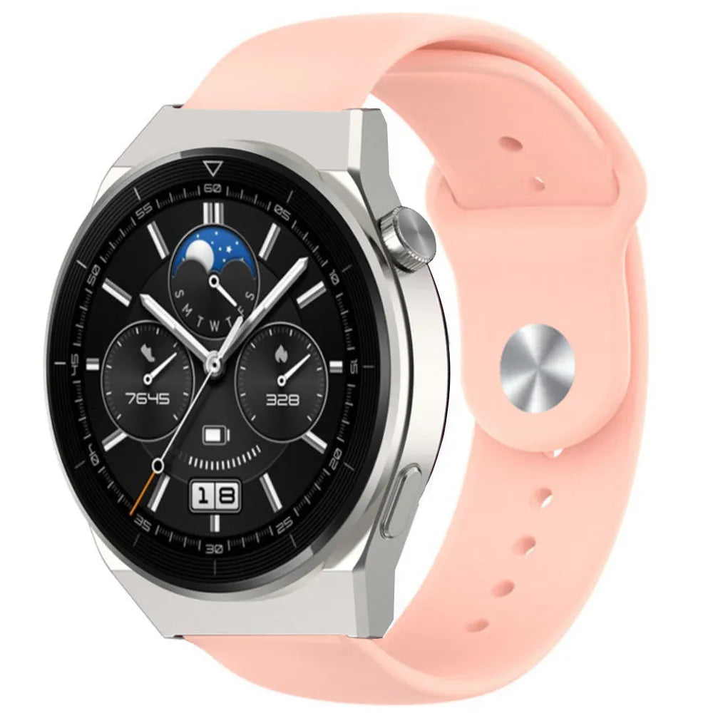 Silicone Sport Strap, pink, on a watch, 3/4 front view