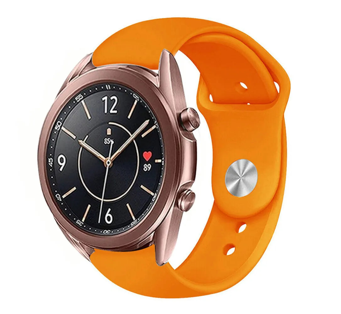Silicone Sport Strap, orange, on a watch, 3/4 front view