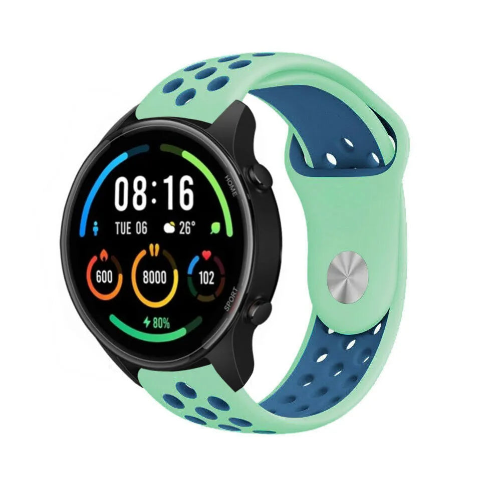 Silicone Sport Strap, aqua/blue, on a watch, 3/4 front view