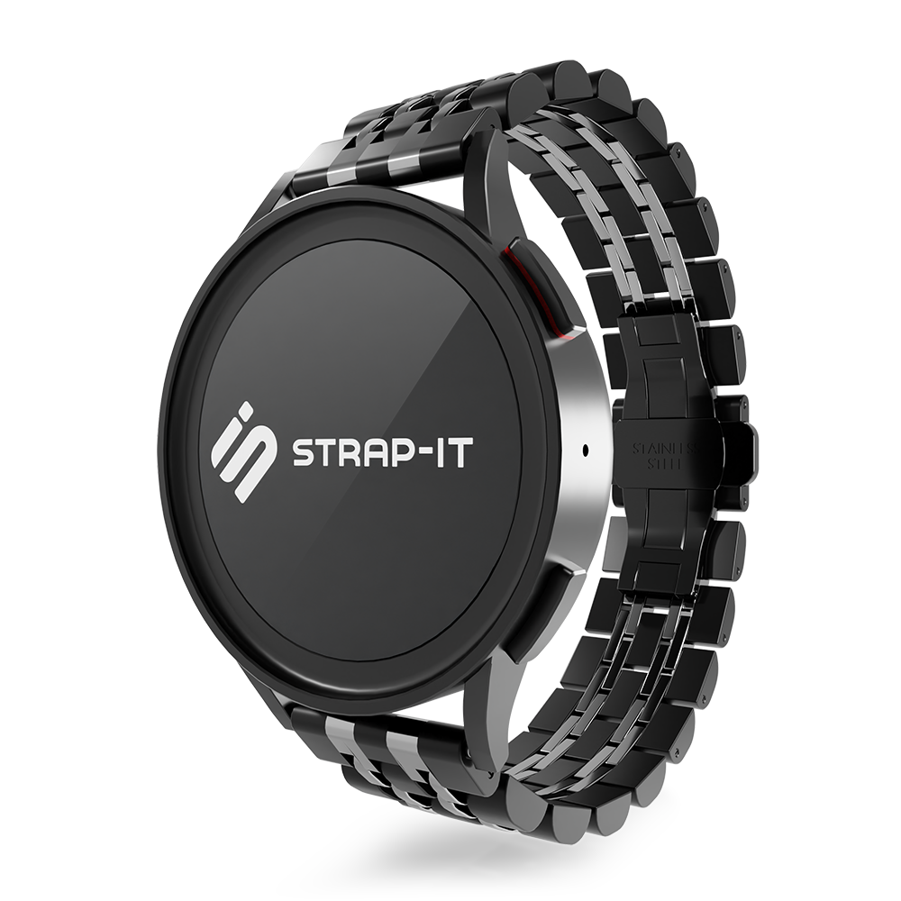 Steel Link Strap 'Duo', black/silver, on a watch, 3/4 front view