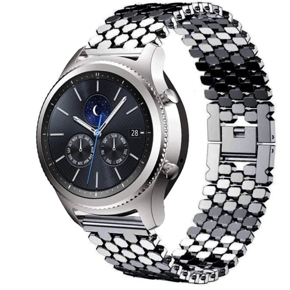 Steel Strap Hexagons, black, on a watch, 3/4 front view