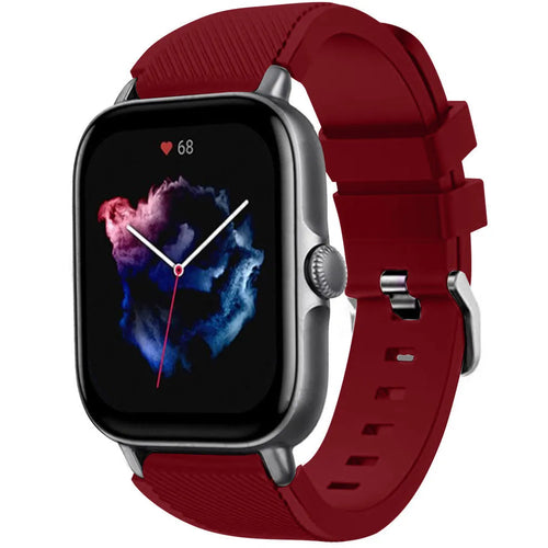 Twill Silicone Strap, burgundy, on a watch, 3/4 front view