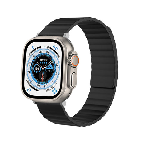 Magnetic Silicone Strap, black, on a watch, 3/4 front view