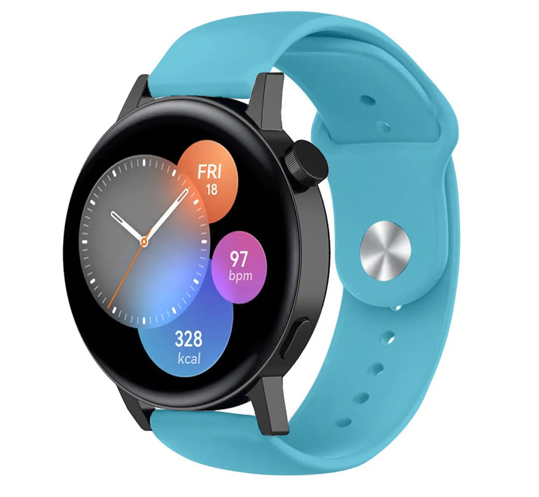 Silicone Sport Strap, light blue, on a watch, 3/4 front view