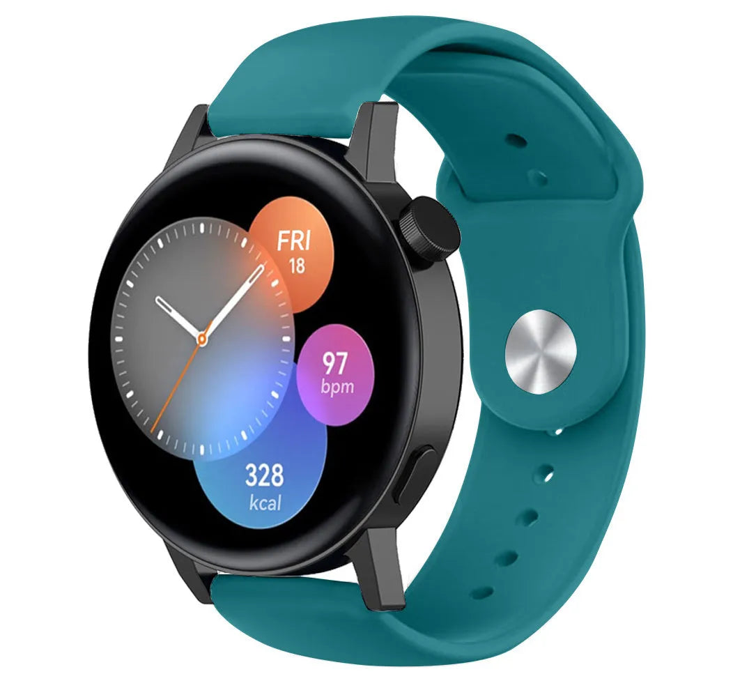 Silicone Sport Strap, green-blue, on a watch, 3/4 front view