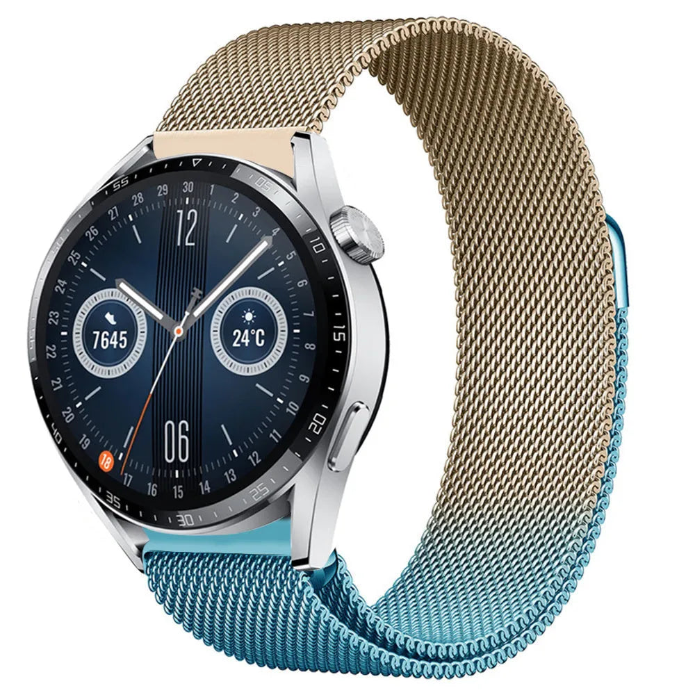 Milanese Strap, blue/gold, on a watch, 3/4 front view