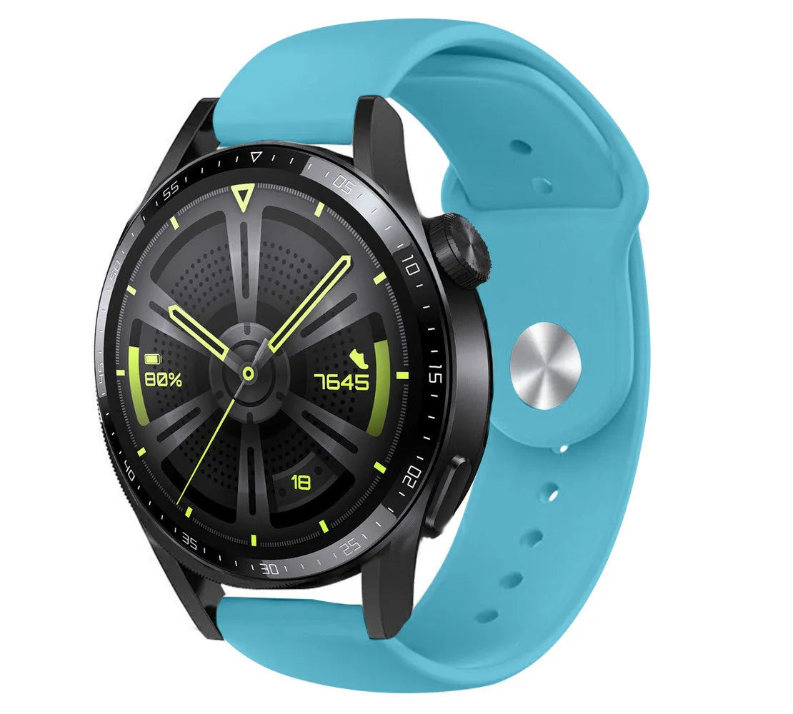 Silicone Sport Strap, light blue, on a watch, 3/4 front view