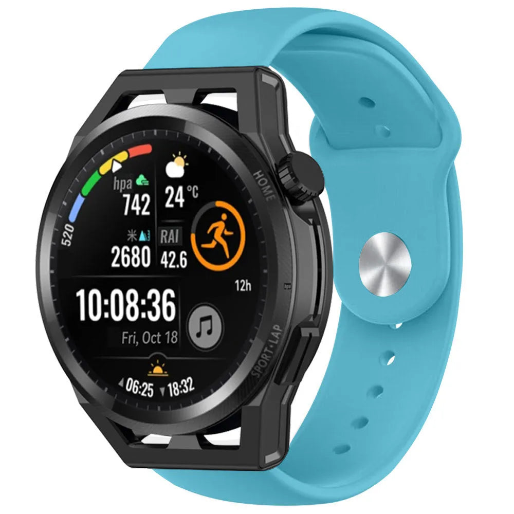 Silicone Sport Strap, light blue, on a watch, 3/4 front view