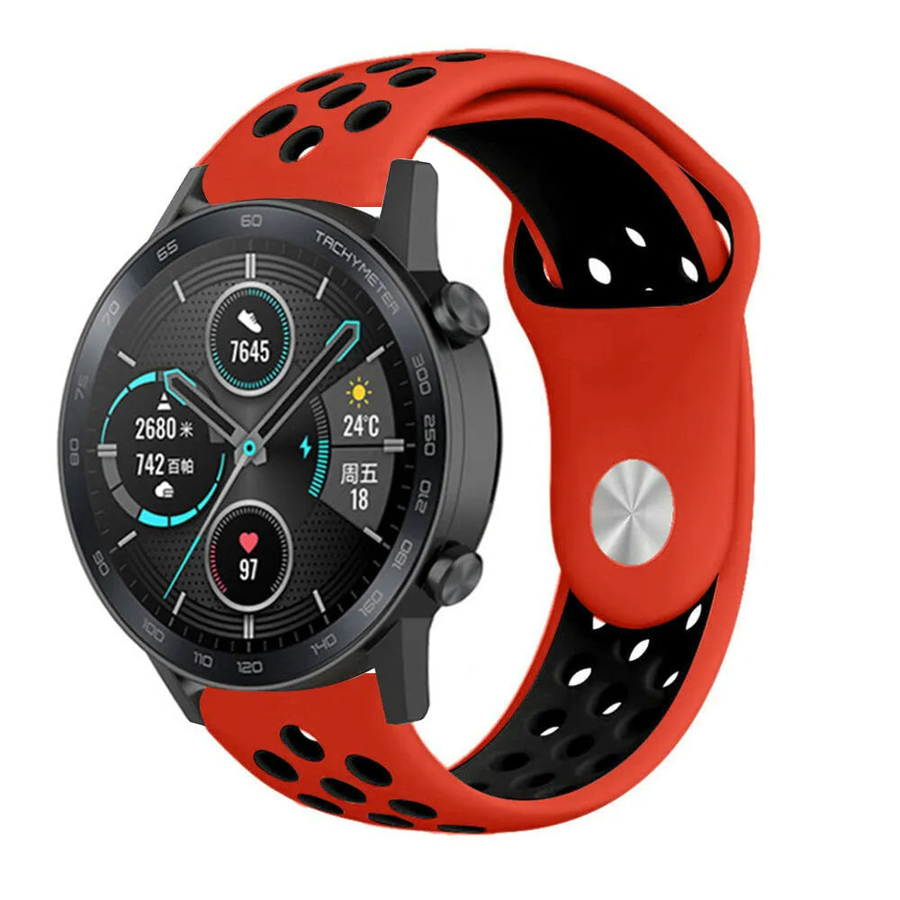 Silicone Sport Strap, red/black, on a watch, 3/4 front view
