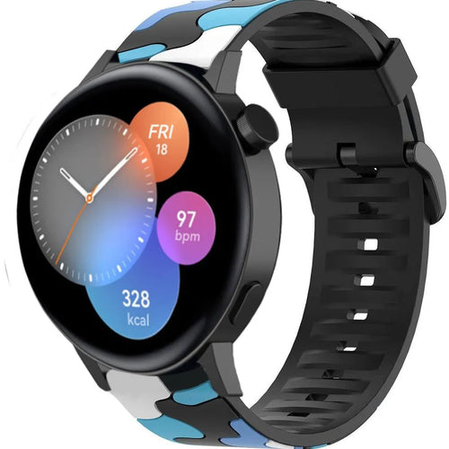 Silicone Camo Strap, blue, on a watch, 3/4 front view