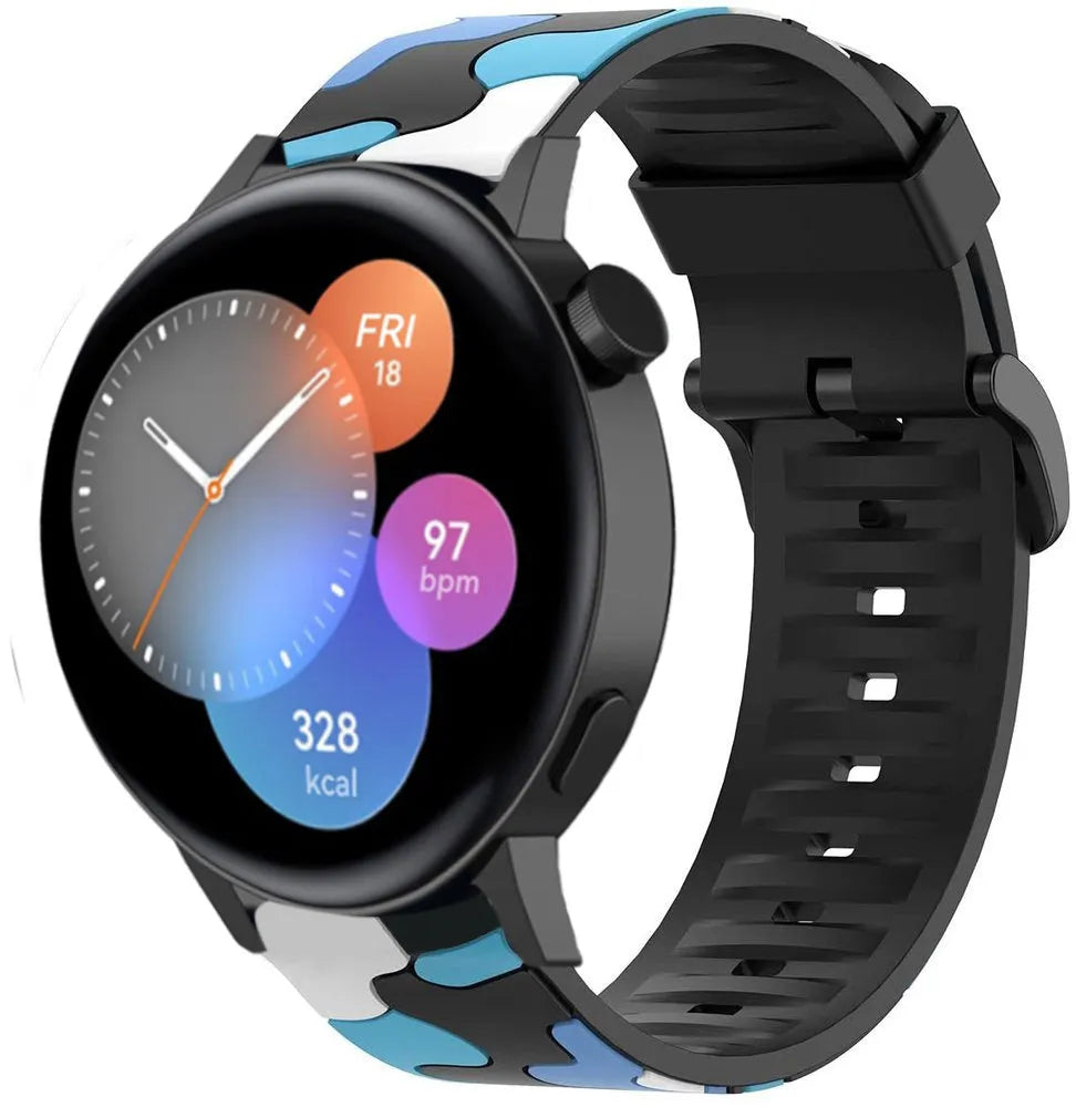 Silicone Camo Strap, blue, on a watch, 3/4 front view