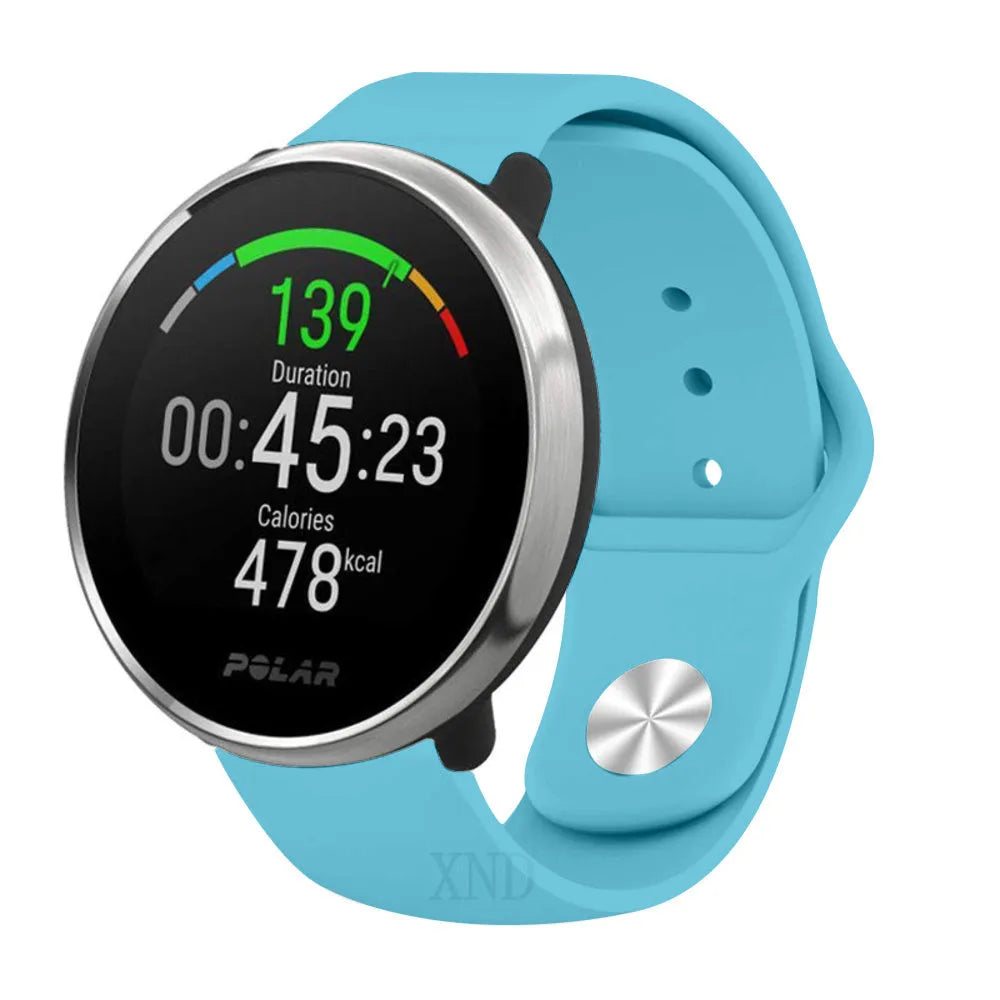 Silicone Sport Strap, light blue, on a watch, 3/4 front view